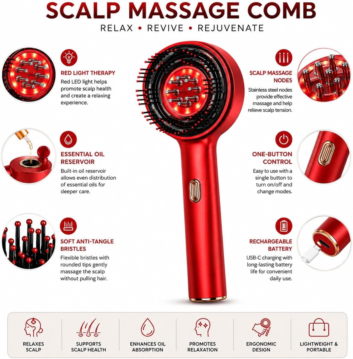 Cordless Scalp Massage Comb with Red Light Therapy 2