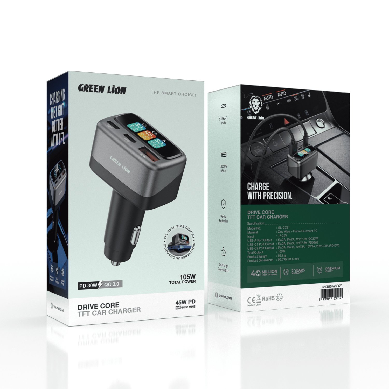 Green Lion 3-Port Car Charger with Power Display 2