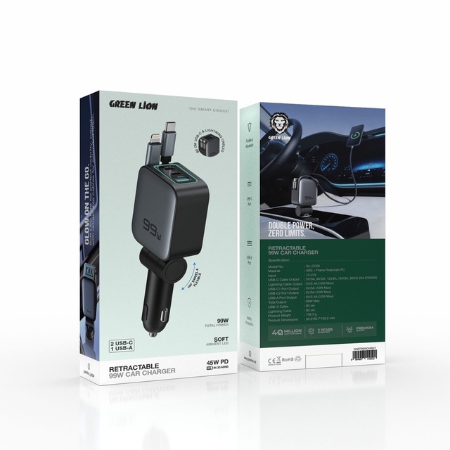 99W Car Charger with USB-C, USB-A, and Lightning Connectors 2