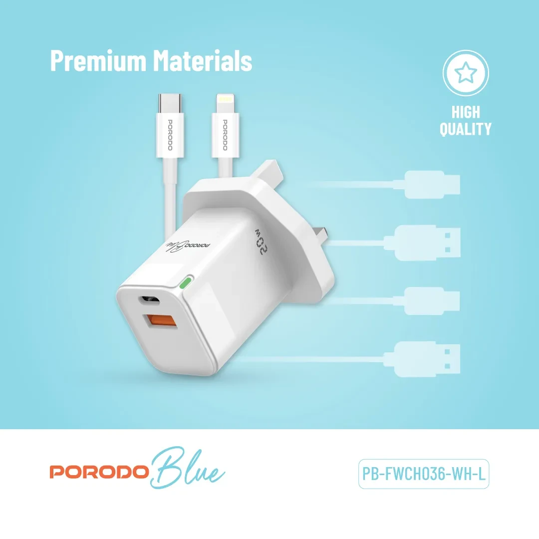 Porodo 20W USB-C & USB-A Wall Charger with USB-C to Lightning Cable 2