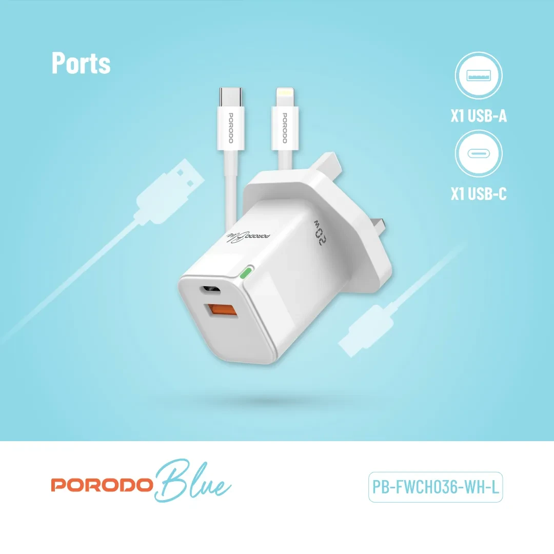 Porodo 20W USB-C & USB-A Wall Charger with USB-C to Lightning Cable 4