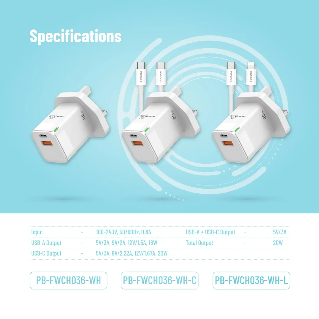 Porodo 20W USB-C & USB-A Wall Charger with USB-C to Lightning Cable 6