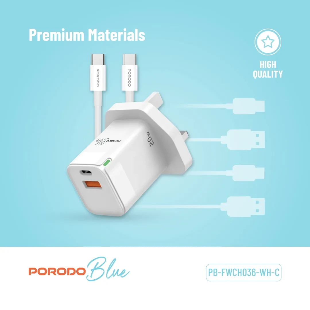 Porodo 20W USB-C Fast Charger with USB-C to USB-C Cable 4