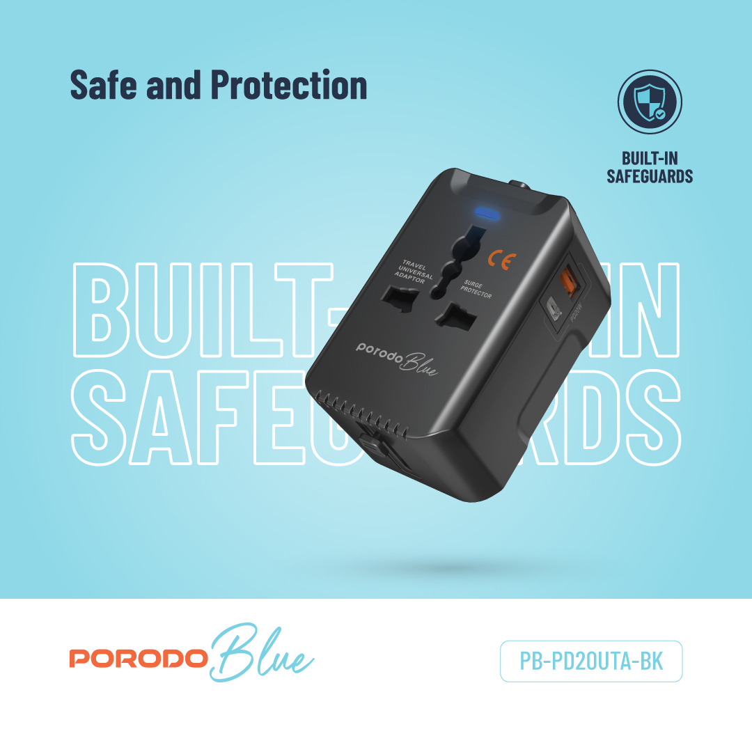 Porodo Blue Travel Universal Adapter with Surge Protector 5