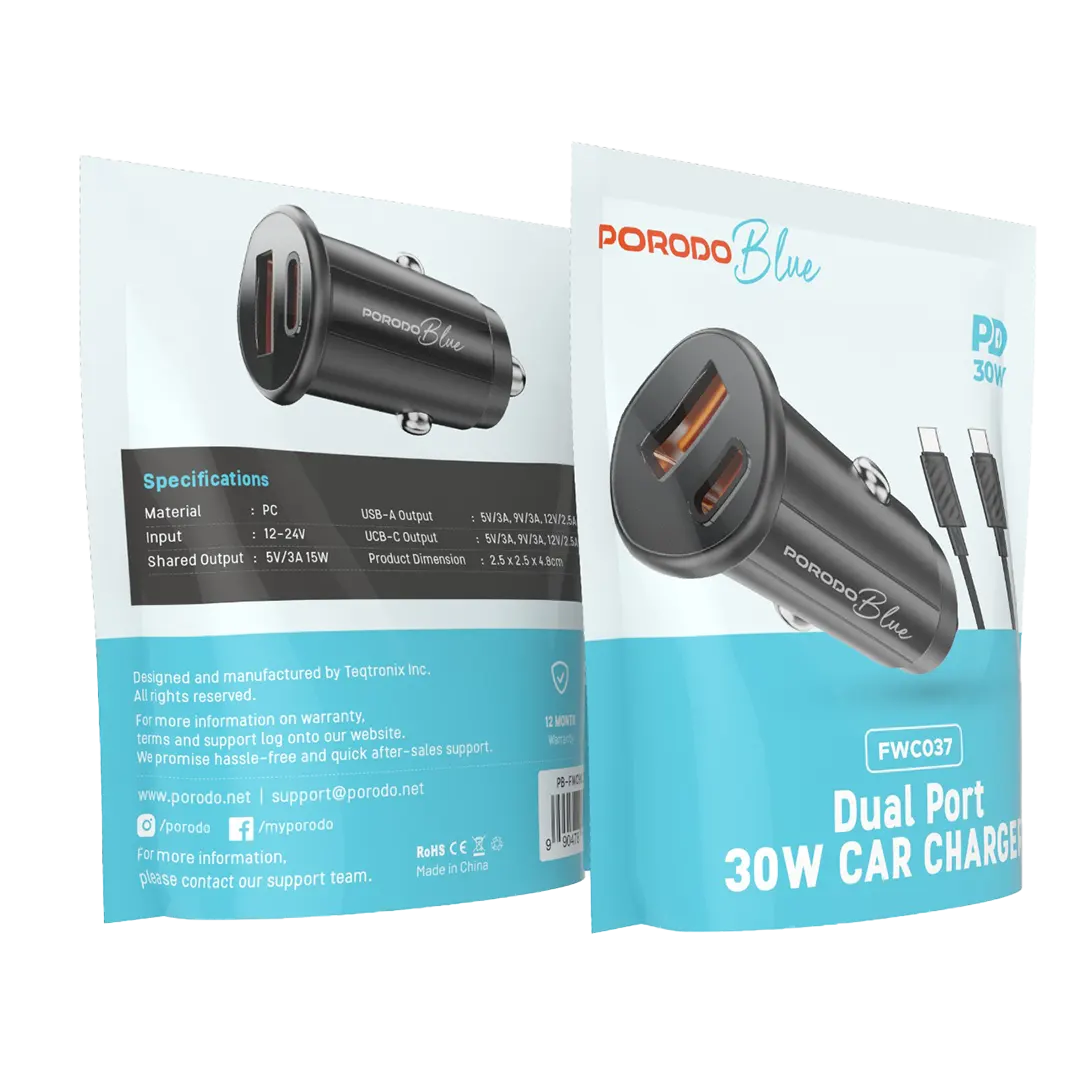 Porodo Blue Dual USB Car Charger 3