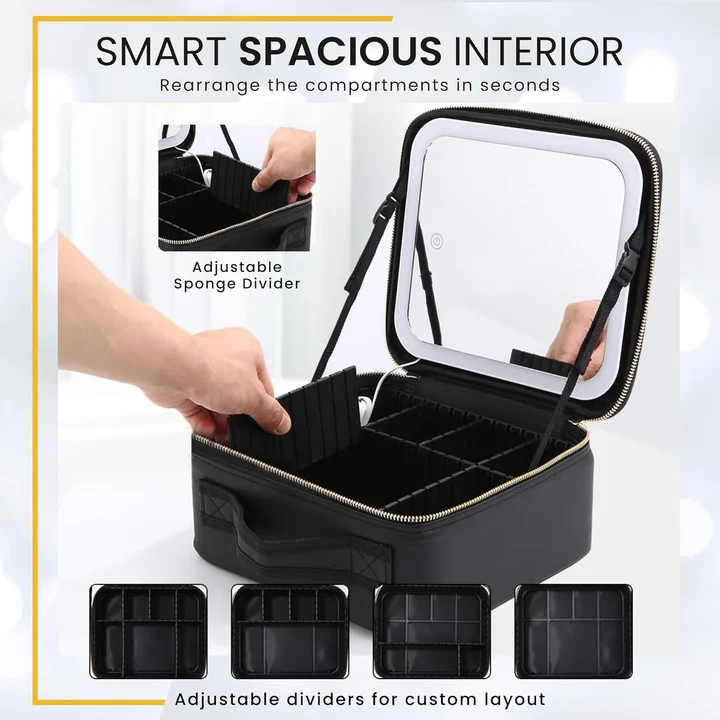 NEXSO Black Makeup Bag with LED Lighted Mirror Cosmetic Organizer 3