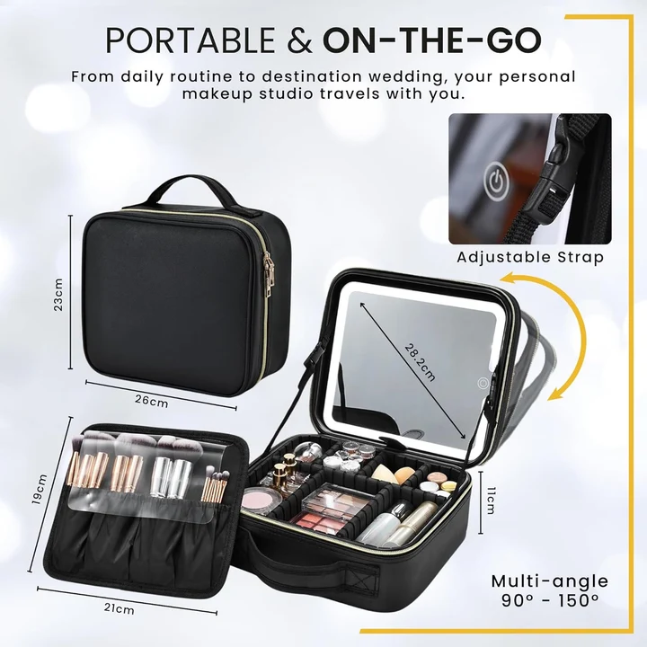 NEXSO Black Makeup Bag with LED Lighted Mirror Cosmetic Organizer 4