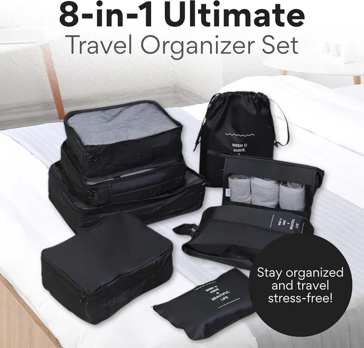 NEXSO 8-Piece Travel Organizer Packing Cube Set - Black 2