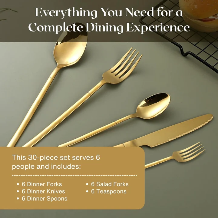 NEXSO 30-Piece Gold Stainless Steel Cutlery Set 4