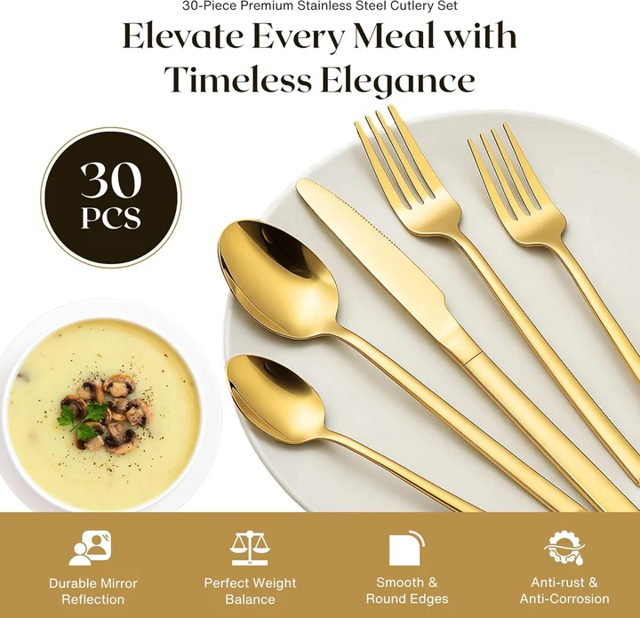 NEXSO 30-Piece Gold Stainless Steel Cutlery Set 7