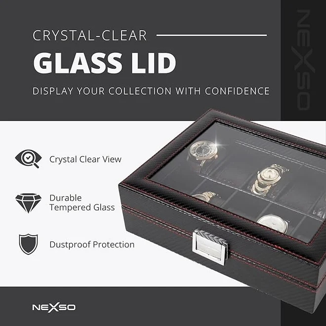 NEXSO Black Leather Watch Box Organizer with Glass Lid 10-Slot 2