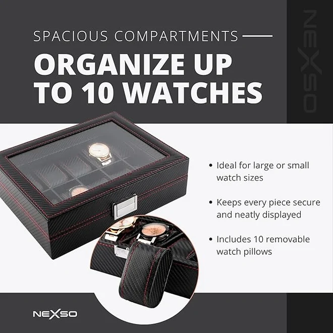 NEXSO Black Leather Watch Box Organizer with Glass Lid 10-Slot 4