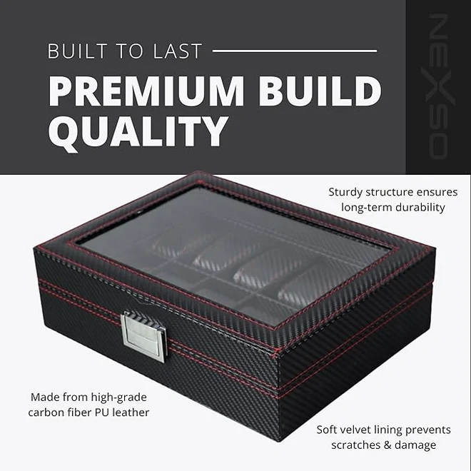 NEXSO Black Leather Watch Box Organizer with Glass Lid 10-Slot 5