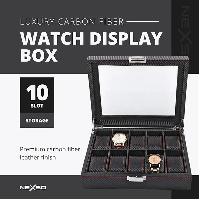NEXSO Black Leather Watch Box Organizer with Glass Lid 10-Slot 6