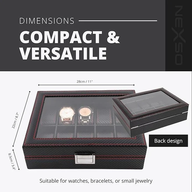 NEXSO Black Leather Watch Box Organizer with Glass Lid 10-Slot 7