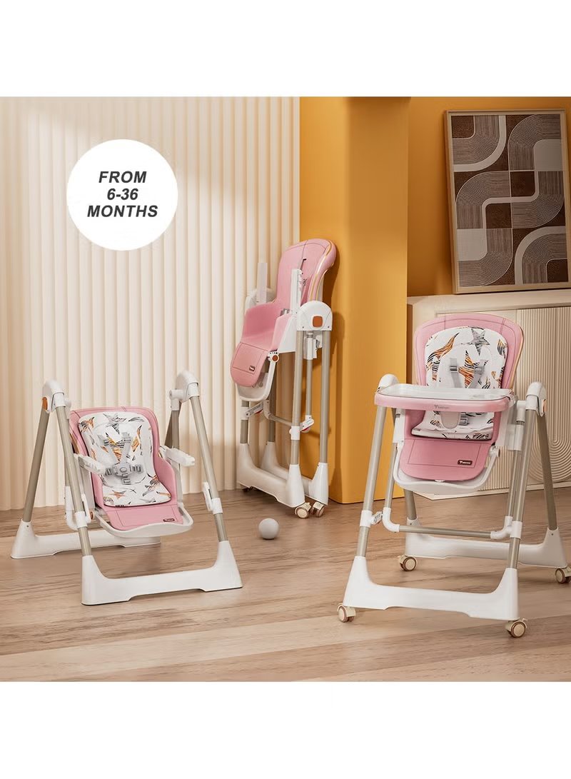 Teknum 5-IN-1 Swing with High Chair with Lockable wheels - Pink 5