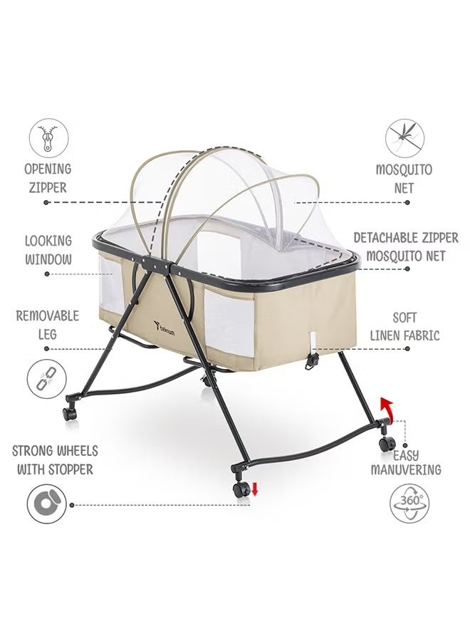 Teknum 3-in-1 Baby Cot Cradle with Mosquito Net & Wheels 8