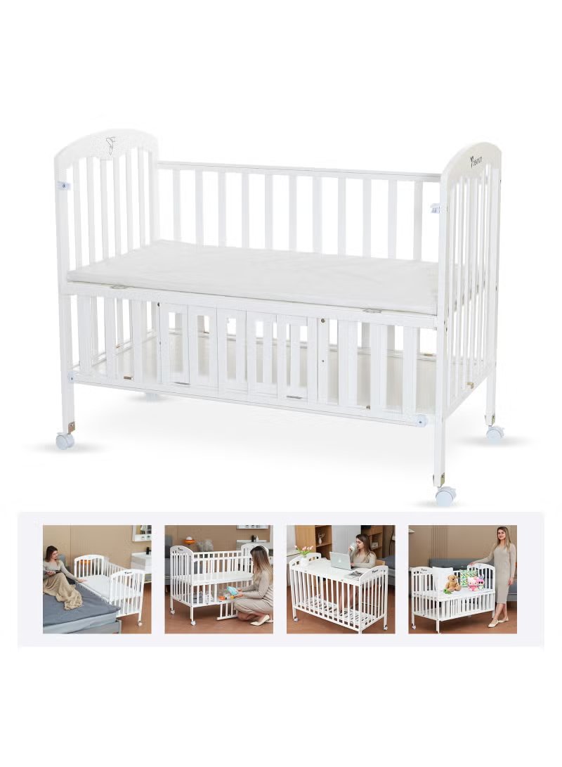 Teknum 4-in-1 Convertible Baby Cot & Bedside Sleeper with Storage and Mattress - White