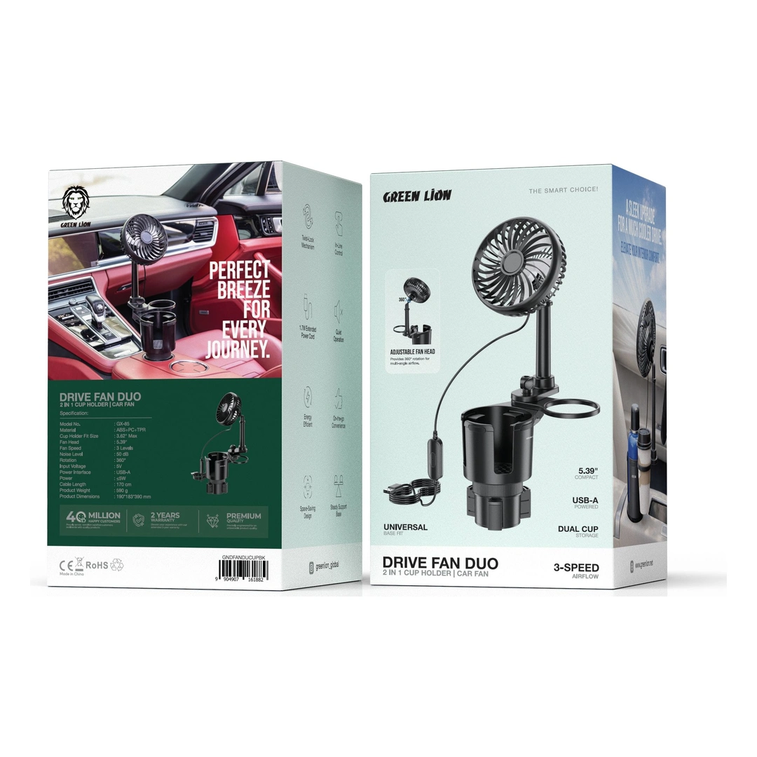 Green Lion Drive Fan Duo 2-In-1 Cup Holder with Car Fan - Black 3