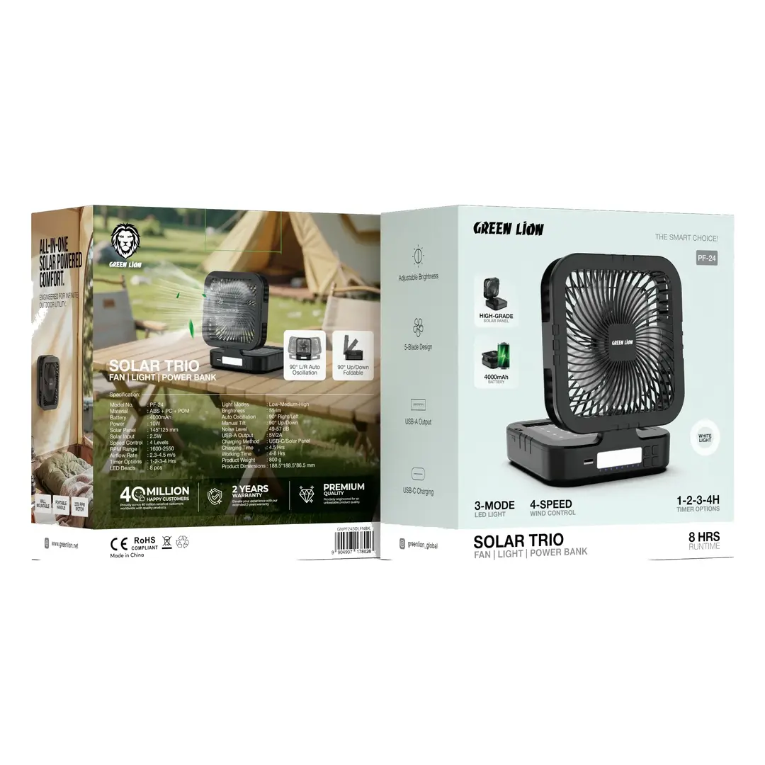 Green Lion Solar Trio Fan With Light & Power Bank - Black 3