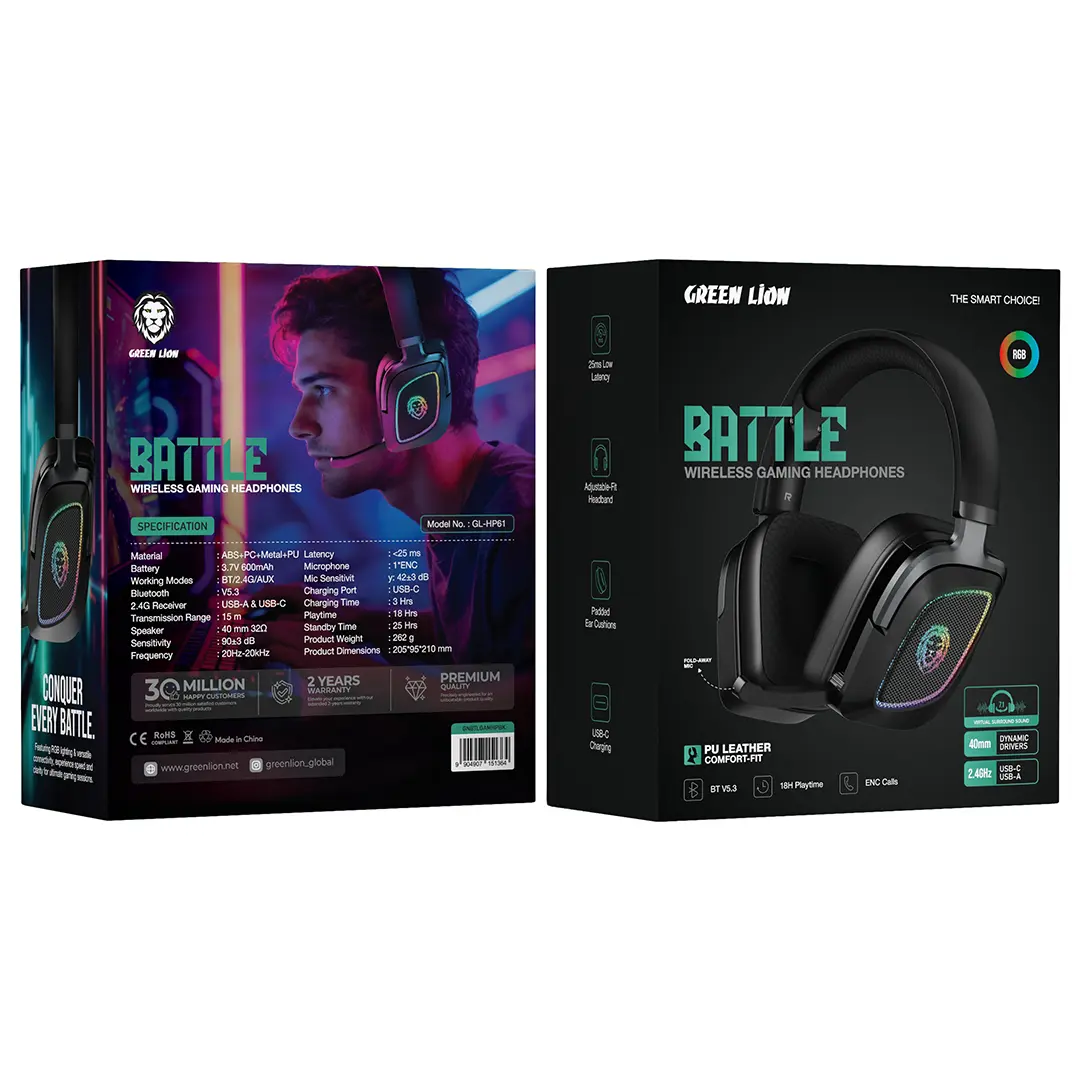 Green Lion Battle Wireless Gaming Headphones - Black 4