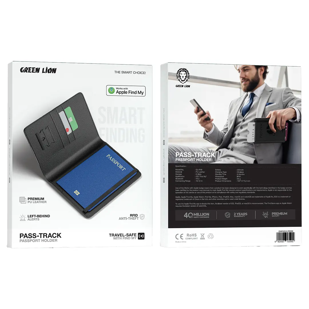 Green Lion Pass-Track Passport Holder with Apple Find My - Black 3