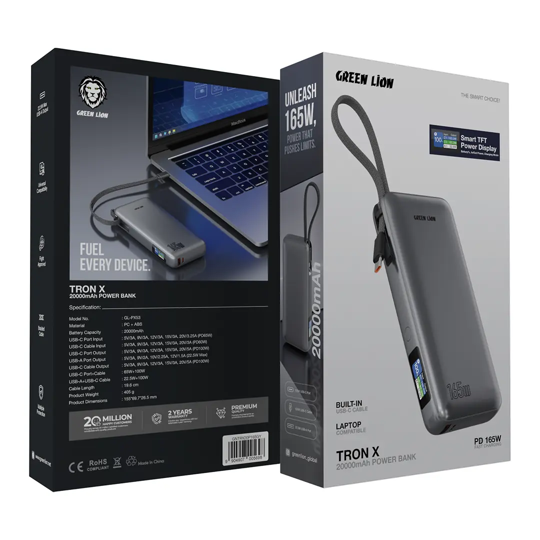 Green Lion Tron X 20000mAh 165W Power Bank with Built-In Cable - Gray 3