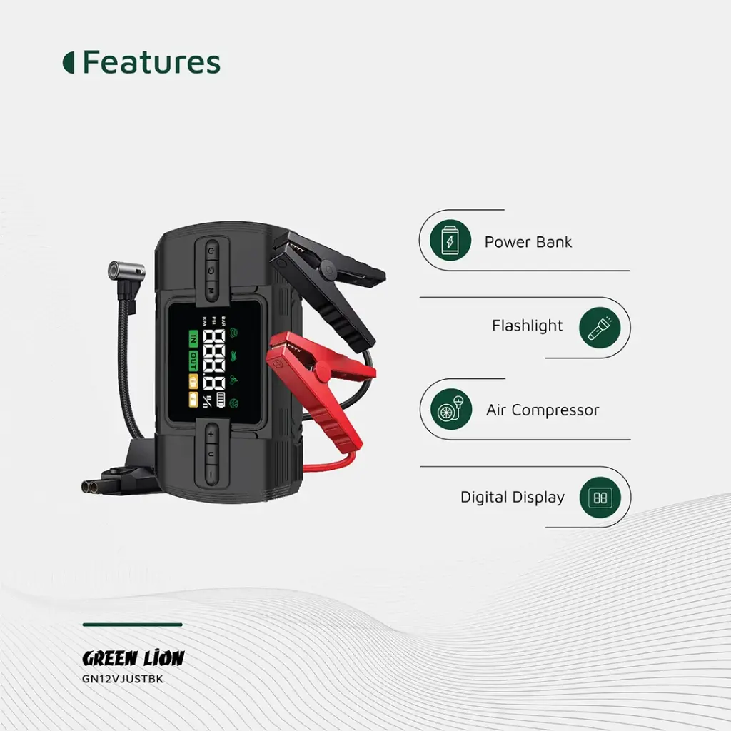 Green Lion 12V Jump Starter 12000 mAh Power Bank | Flash Light| Air Compressor 6