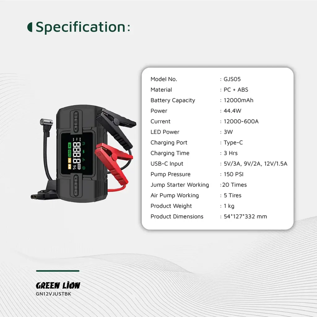 Green Lion 12V Jump Starter 12000 mAh Power Bank | Flash Light| Air Compressor 7
