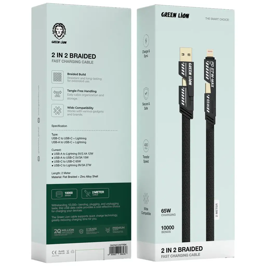 Green Lion 2 in 2 Braided Fast Charging Cable 65W 2M 2
