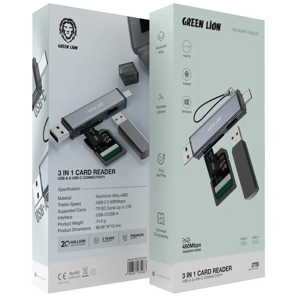Green Lion 3 in1 Card Reader - USB-A &amp; USB-C Connectivity 2