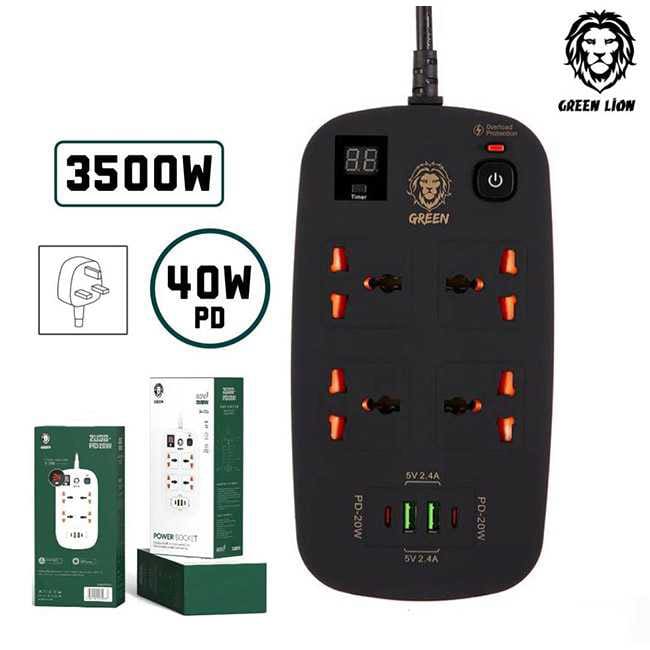 Green Lion 4 AC 2 USB &amp; 2 USB-C PD 40W Multiport Smart Power Socket 3500W (3M) 3