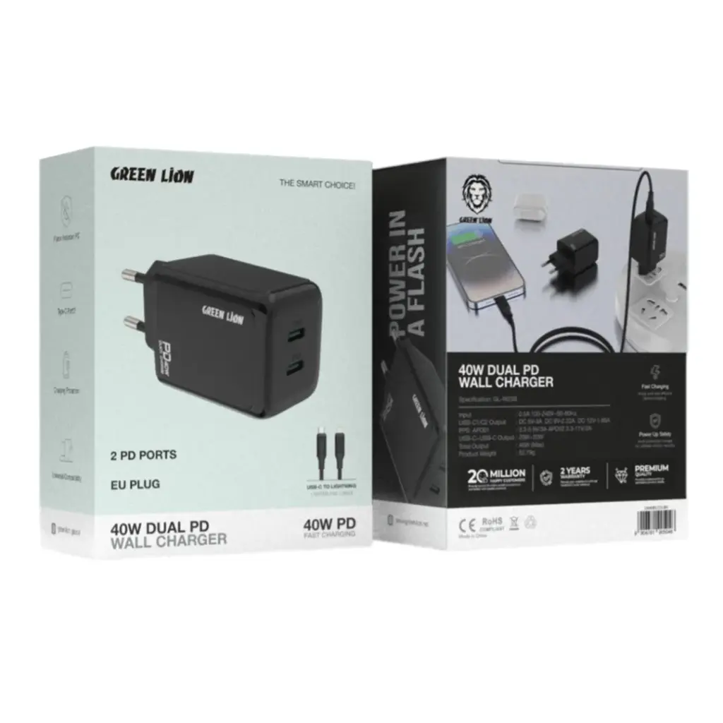 Green Lion 40W Dual PD Wall Charger With USB-C To Lightening Cable 1M EU 2