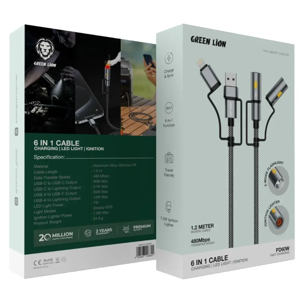 Green Lion 6-in-1 Charging Cable with LED Light and Ignition 2