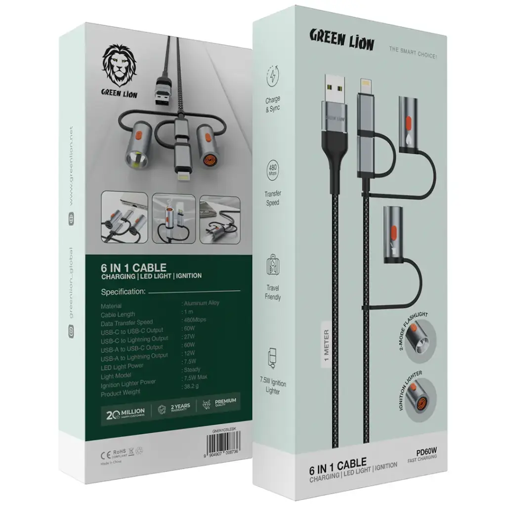 Green Lion 6-in-1 Charging Cable with LED Light and Ignition PD 60W 2