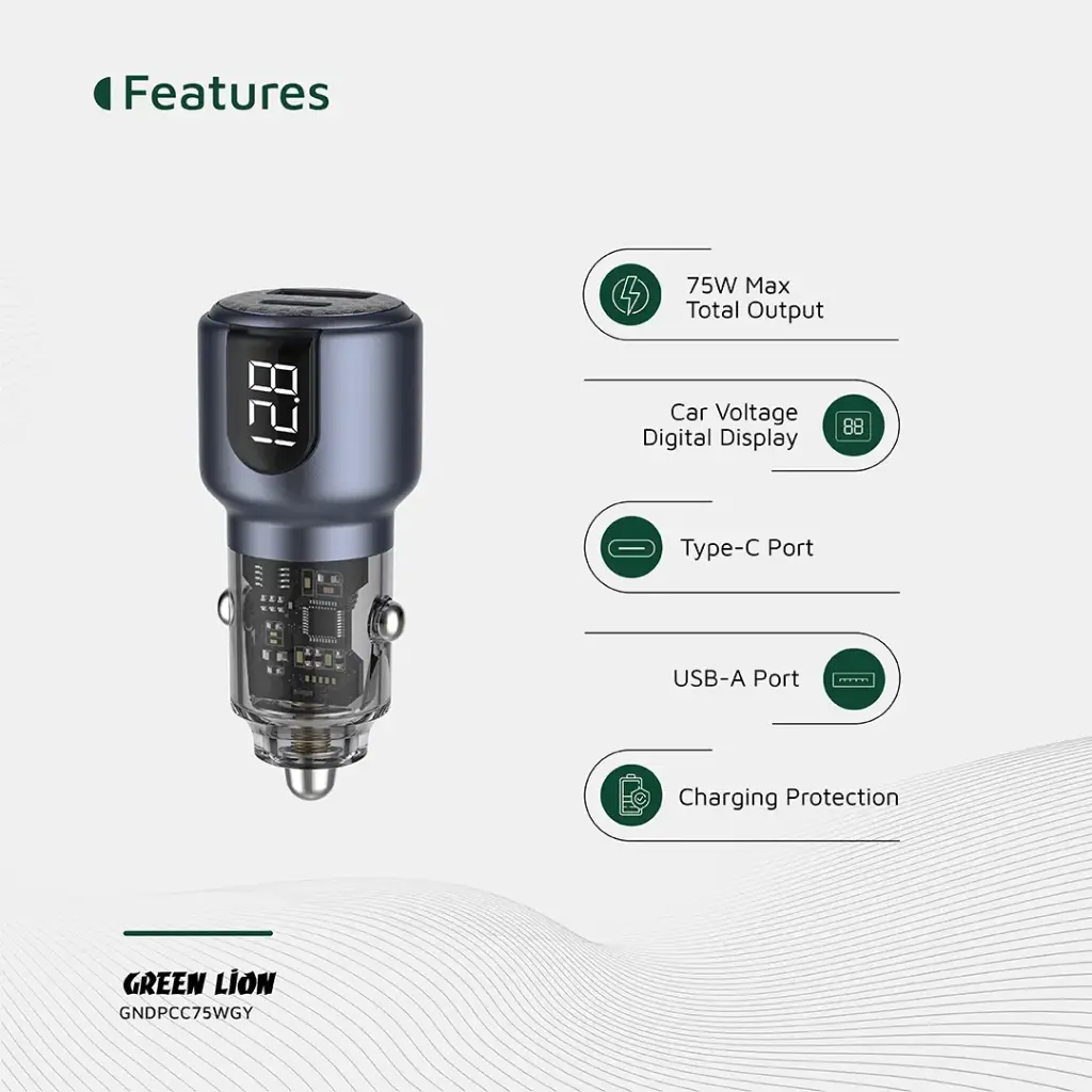 Green Lion Dual Port Car Charger PD+QC 75W 7