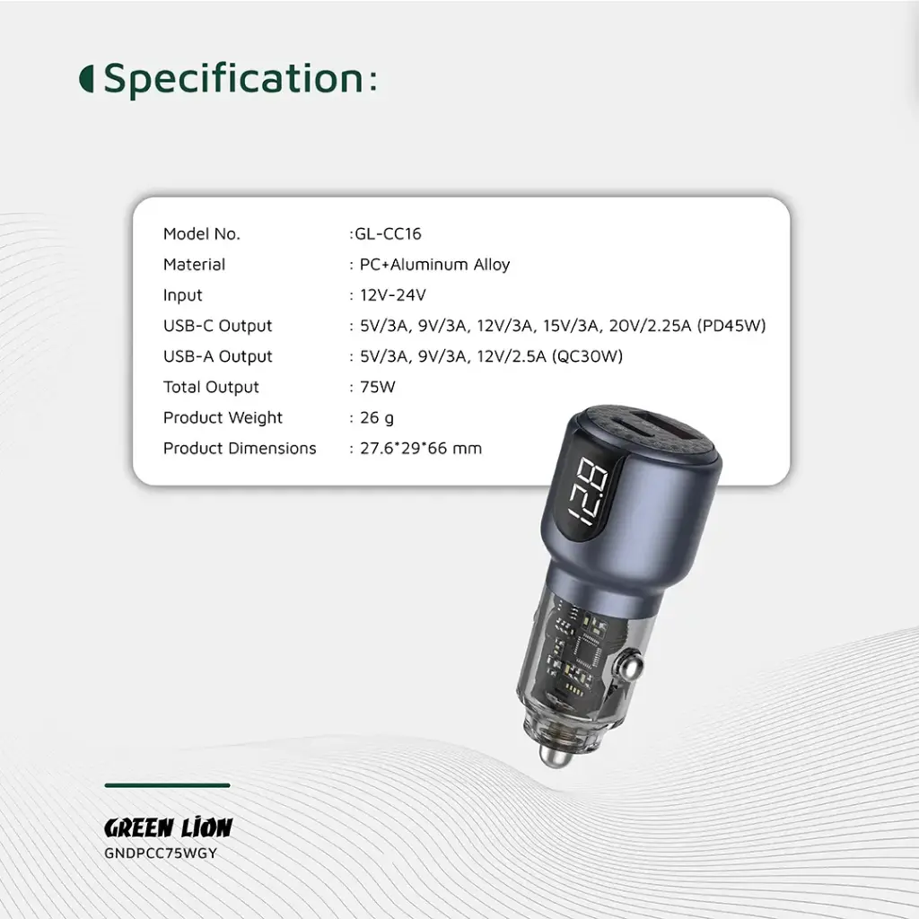 Green Lion Dual Port Car Charger PD+QC 75W 8