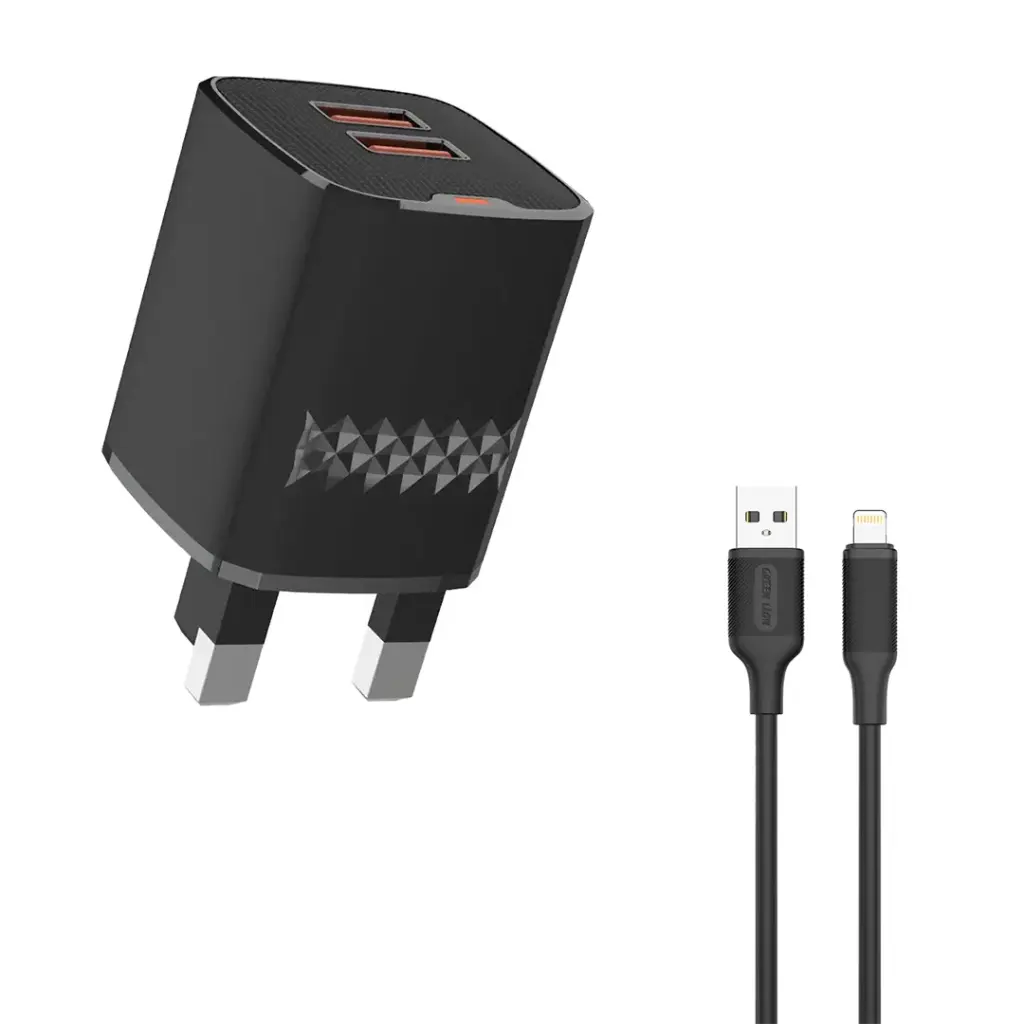 Green Lion Dual Port Wall Charger UK Plug with 2 USB-A Ports and 1m USB-A to Lightning Cable