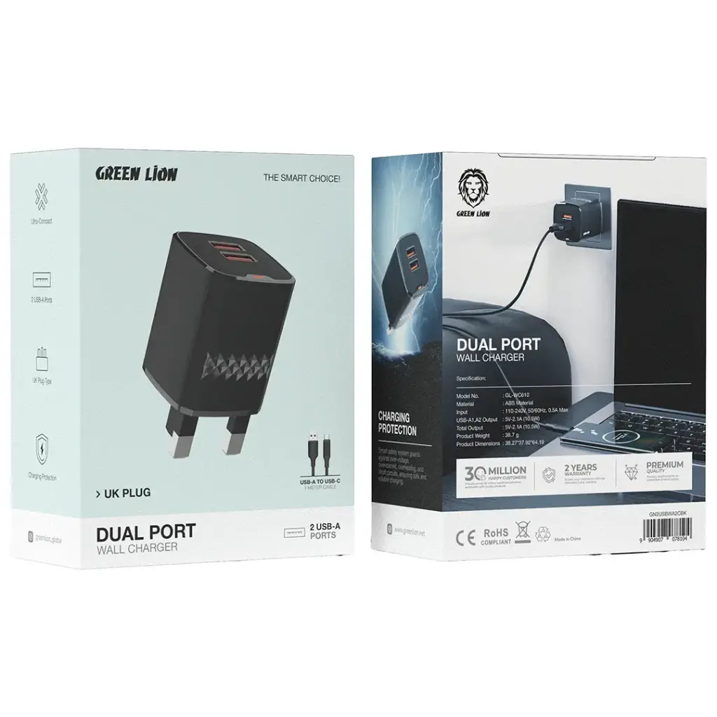 Green Lion Dual Port Wall Charger UK Plug with 2 USB-A Ports and 1m USB-A to USB-C Cable 2