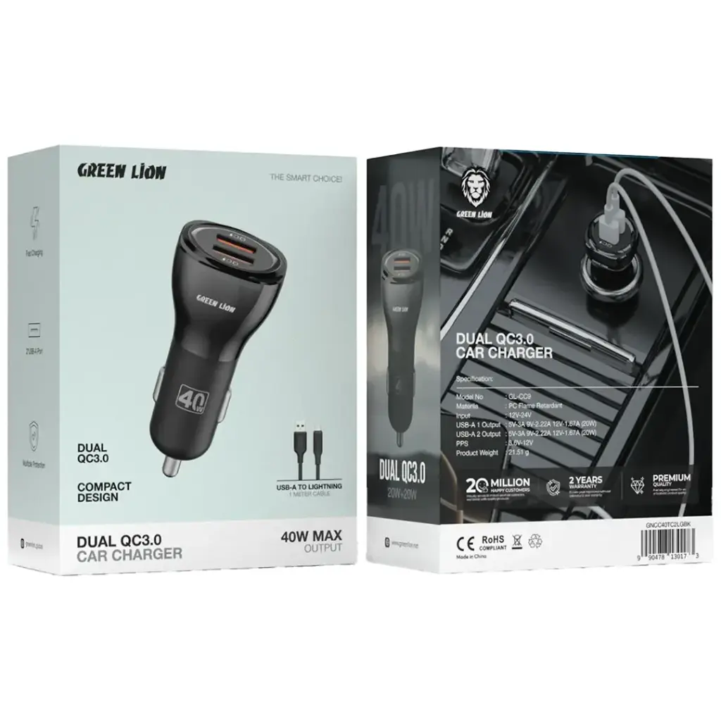 Green Lion Dual QC3.0 40W Car Charger with USB-A to Lightning Cable 1M 2