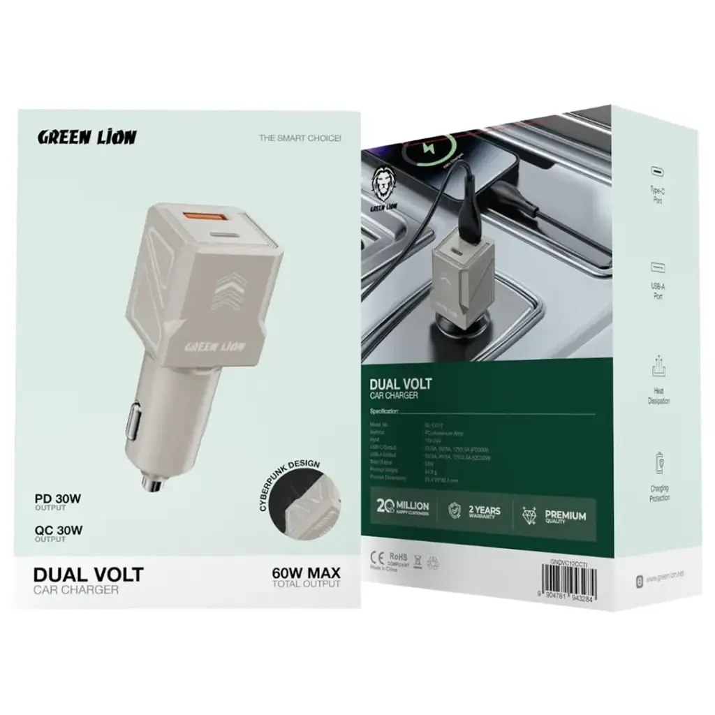 Green Lion Dual Volt Car Charger PD+QC 60W C to C 1m Cable 2