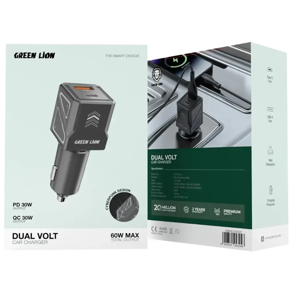 Green Lion Dual Volt Car Charger PD+QC 60W C to C 1m Cable 2