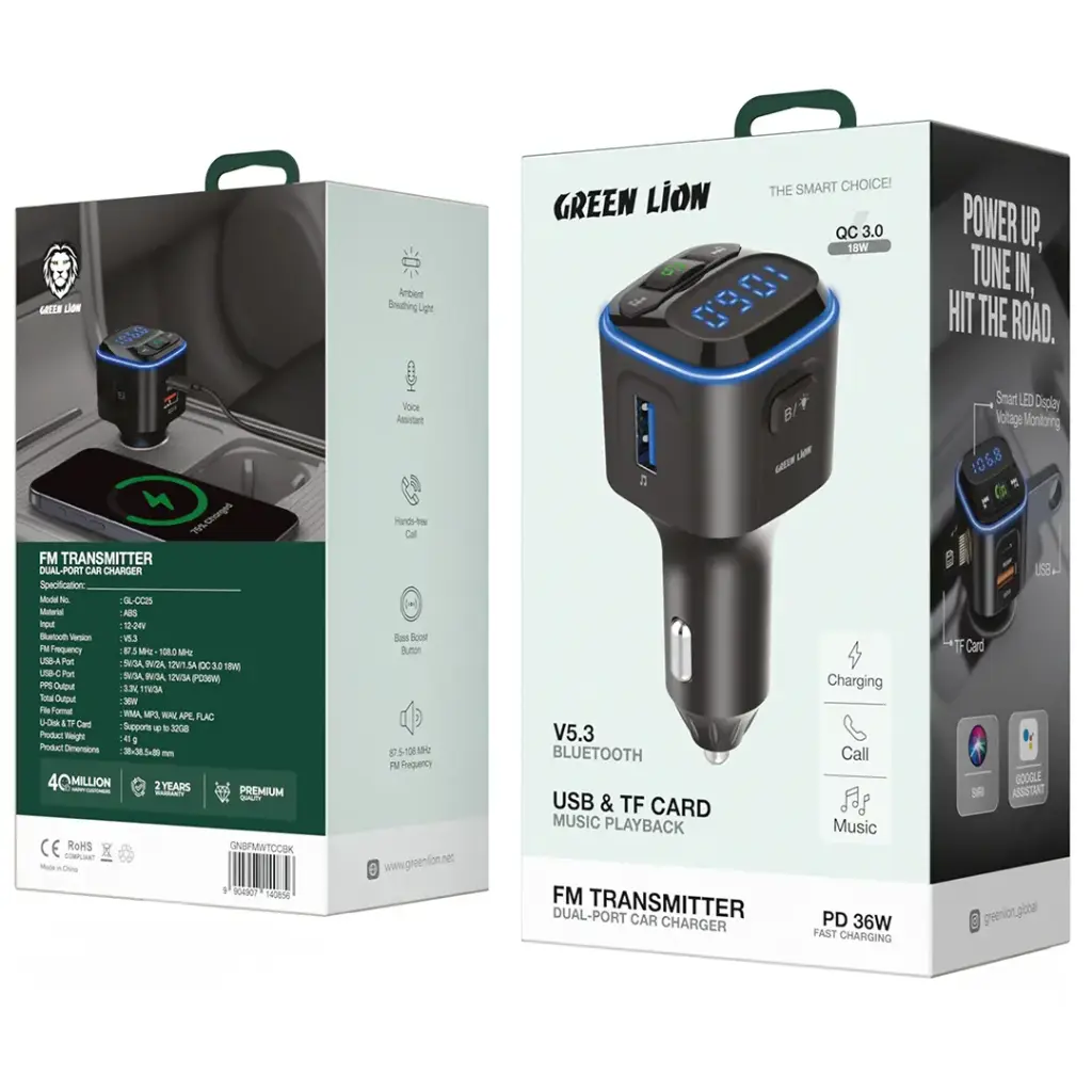 Green Lion FM TRANSMITTER Dual-Port Car Charger PD 36W 2