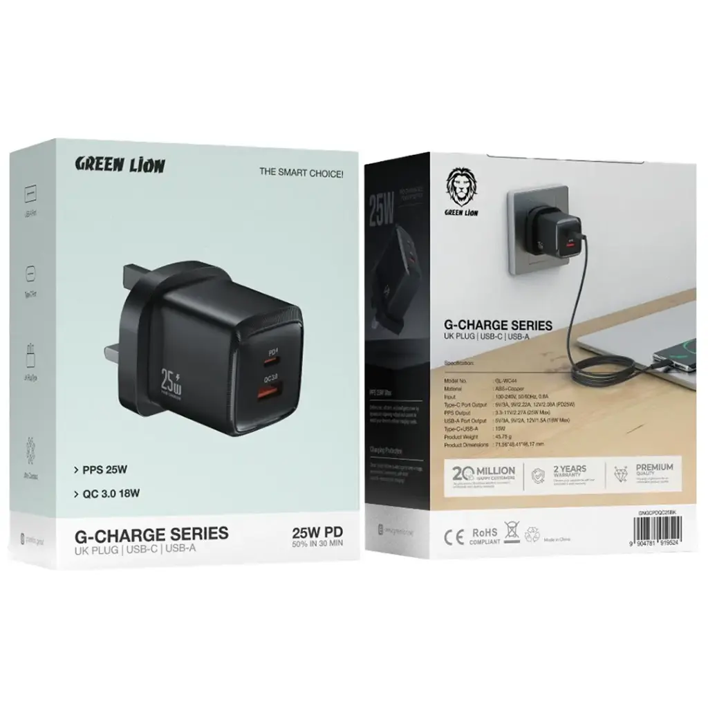 Green Lion G-Charge Series Dual Port Wall Charger PD+QC 25W 2