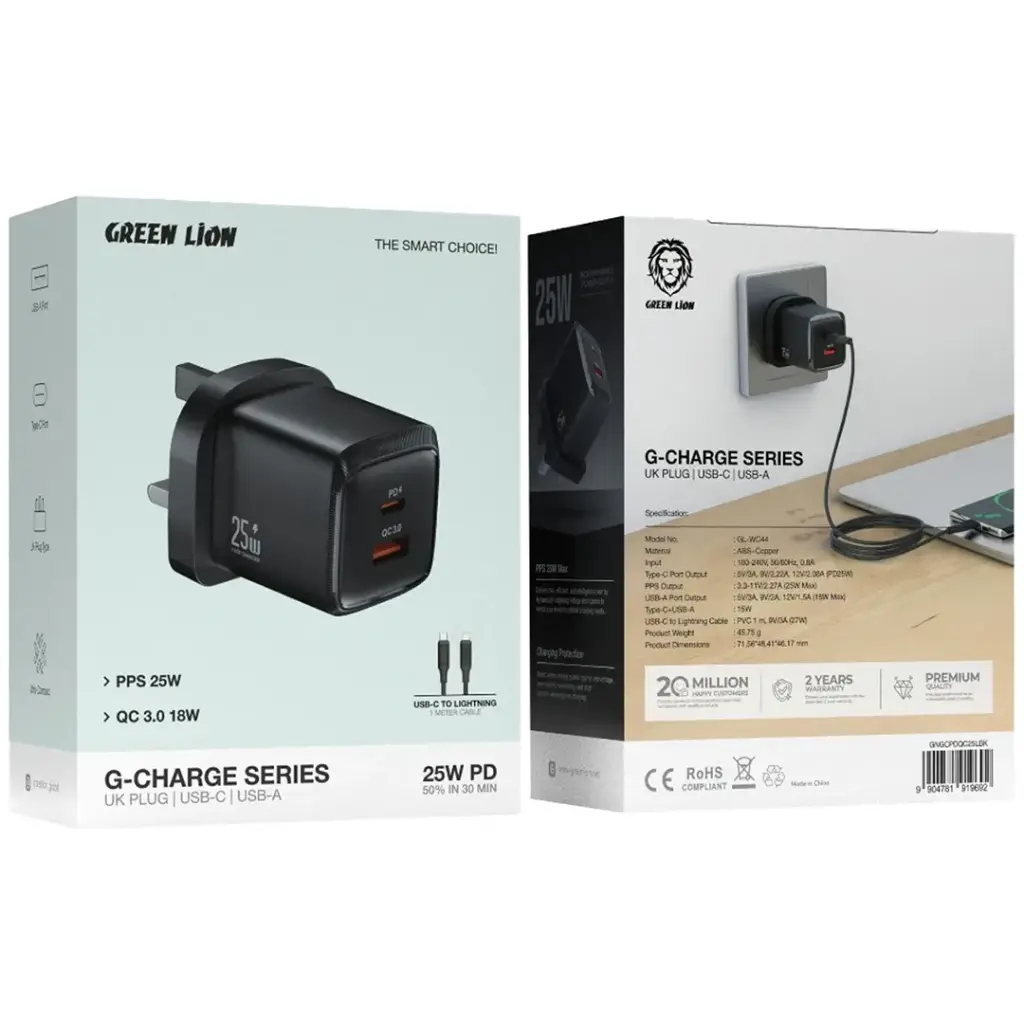 Green Lion G-Charge Series Dual Port Wall Charger PD+QC 25W L to C 1m Cable 2