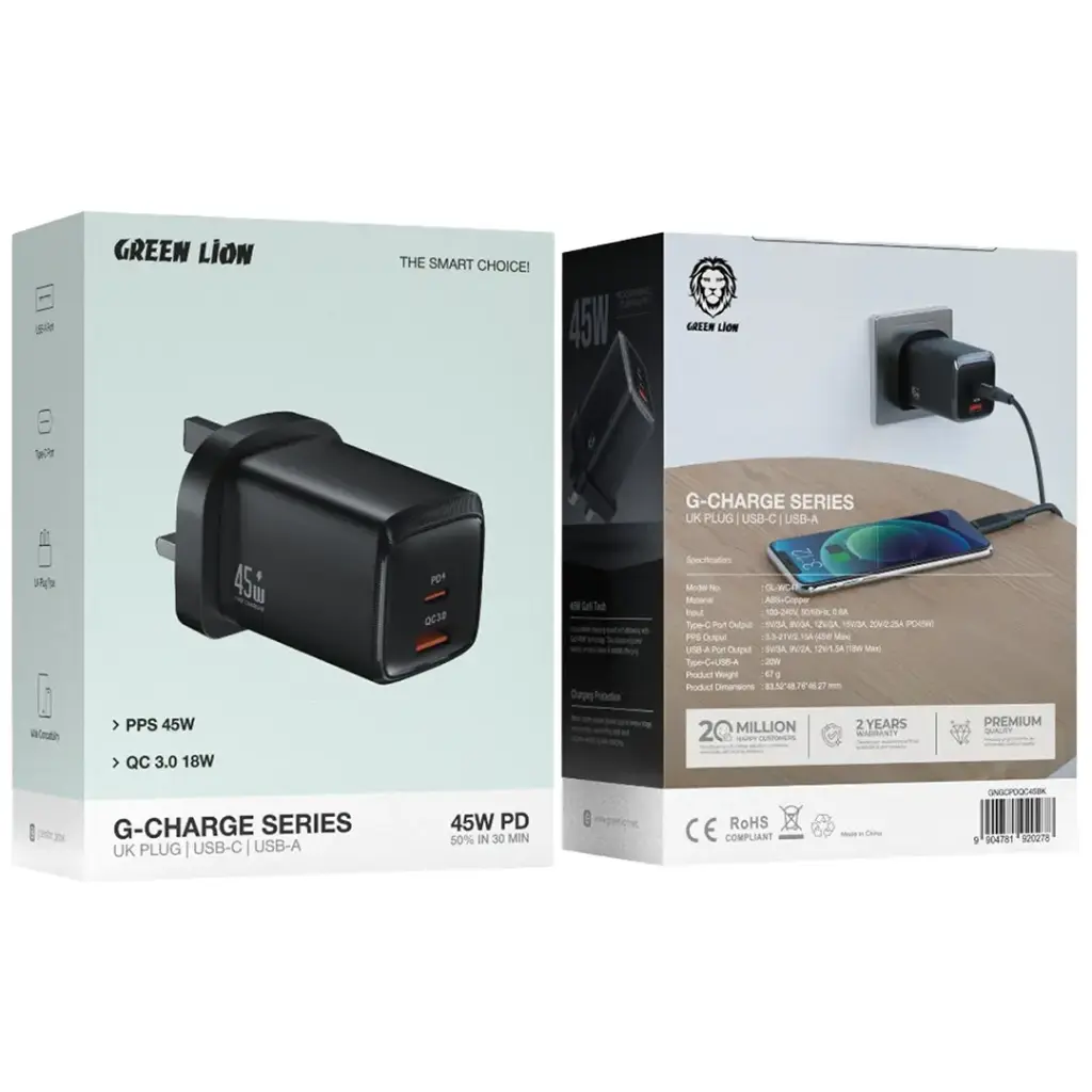 Green Lion G-Charge Series Dual Port Wall Charger PD+QC 45W 2