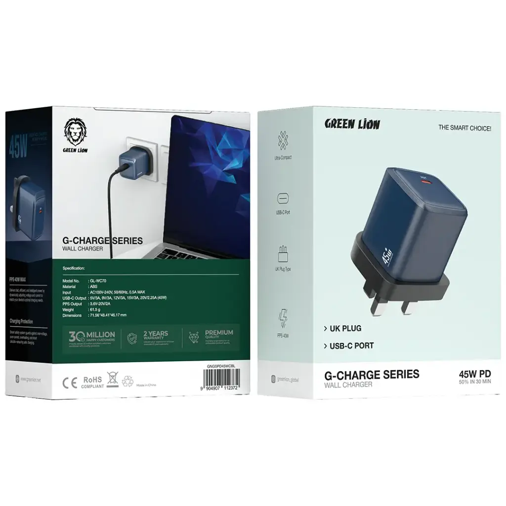 Green Lion G-Charge Series Wall Charger 45W USB-C UK Plug 2