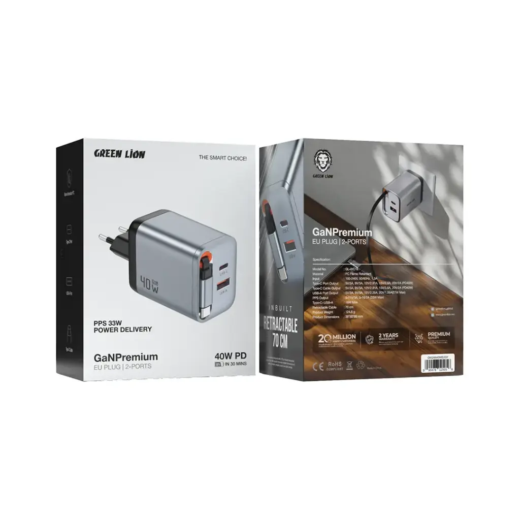 Green Lion GaNPremium EU Plug Wall ChargerPD 40W 2