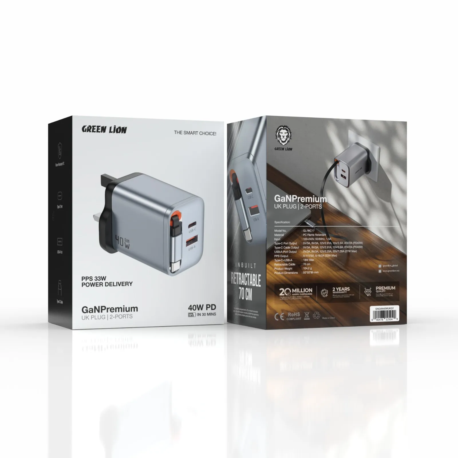 Green Lion GaNPremium UK Plug Wall Charger PD 40W 2