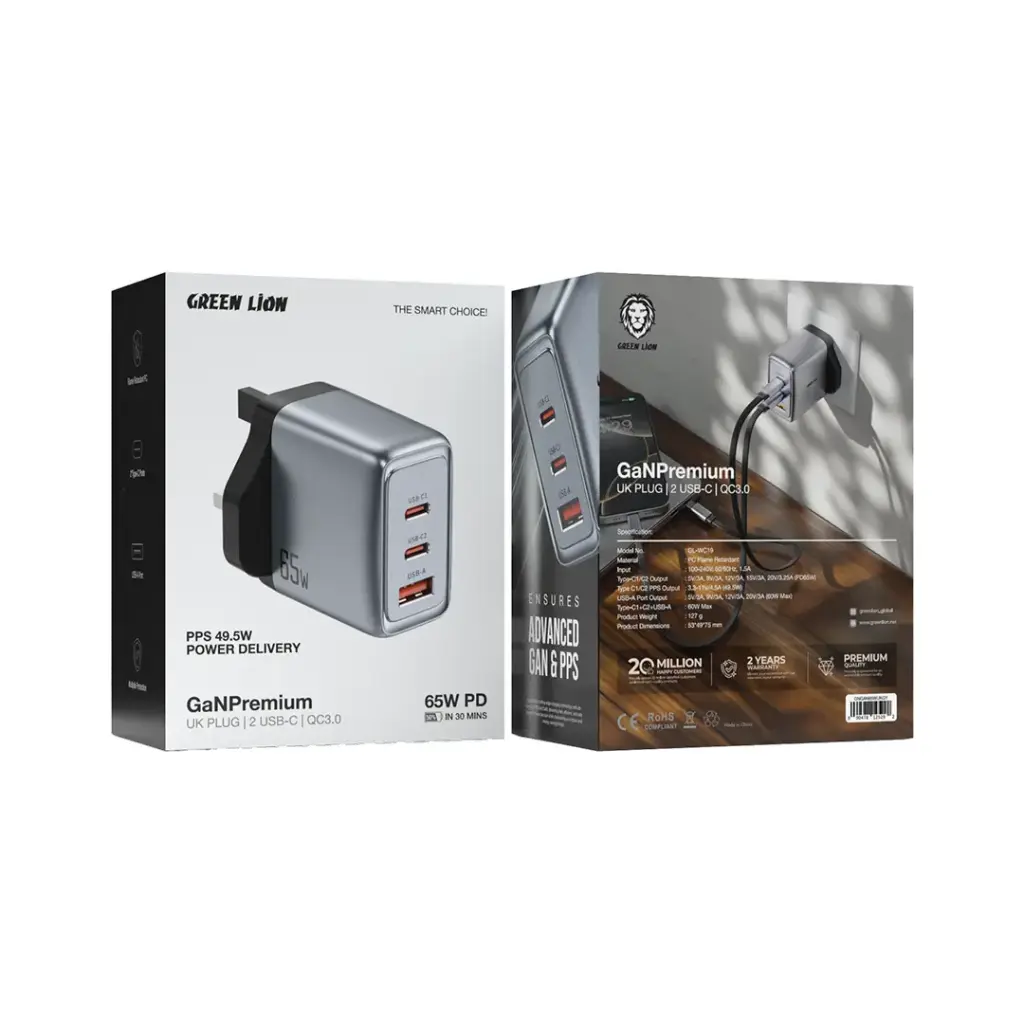 Green Lion GaNPremium UK Plug Wall Charger PD 65W 2
